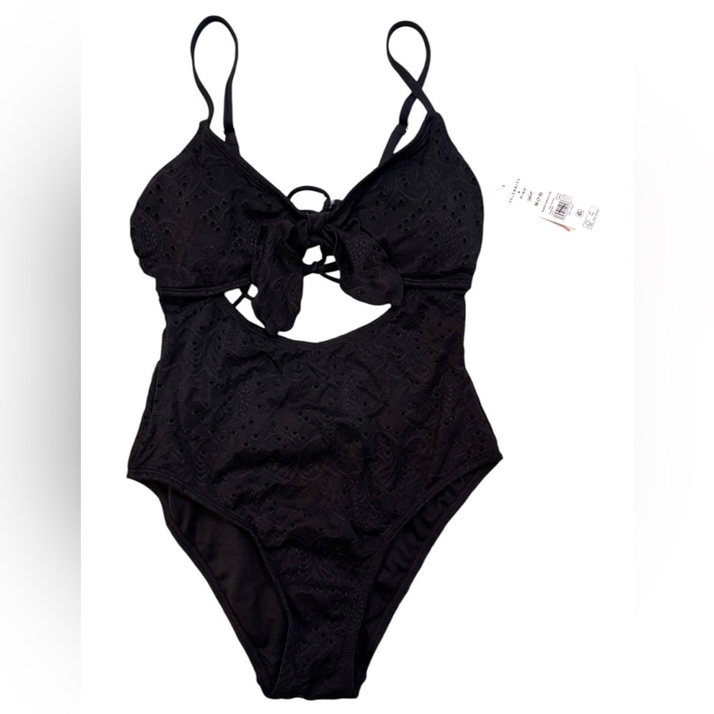 NWT Celebrity Pink Swim Bathing Suit Black Lace Up 1-Piece Cut Out M (7-9)
